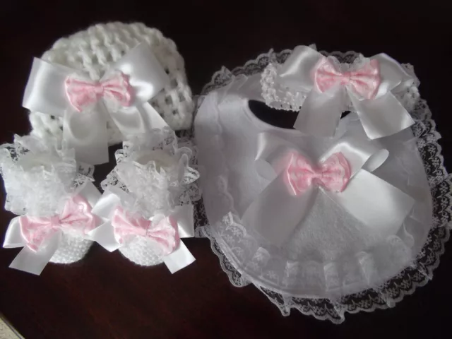 Romany / Spanish hand knitted white baby girls booties headband bib + Beanie