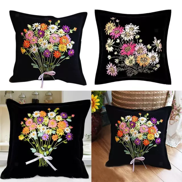Ribbon embroidery kit blooming daisies DIY needlework 45x45cm