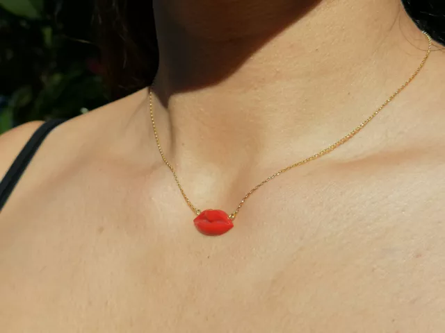 Collier Lolita Bisou Pendantes Chaîne Argent 925 Plaqué Or Pâte Corail Rouge