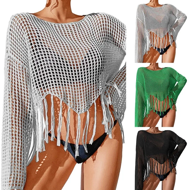 Costume da bagno top donna all'uncinetto poliestere morbido estivo a maniche lunghe cave