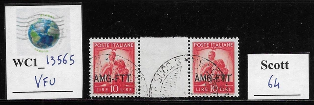 WC1_13565. ITALY: TRIESTE FTT Gutter pair 10 Lire 1947 DEMOCRATICA Scott 64 Used