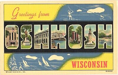 Buildings, Statue, Lake, Landmarks, Greetings From Oshkosh, Wisconsin Postcard