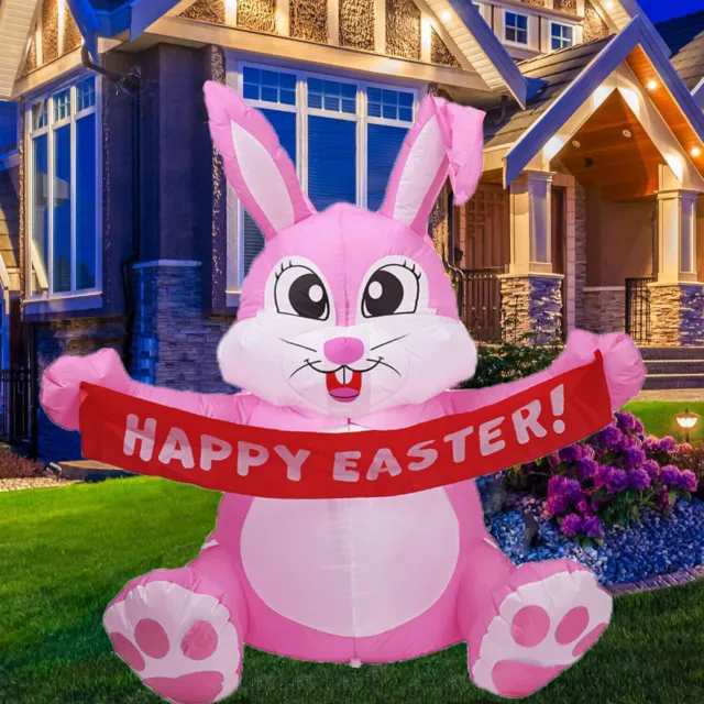 5FT Easter Pink Bunny Inflatable Lighted Yard Decorations LED Blow up Rabbit USA