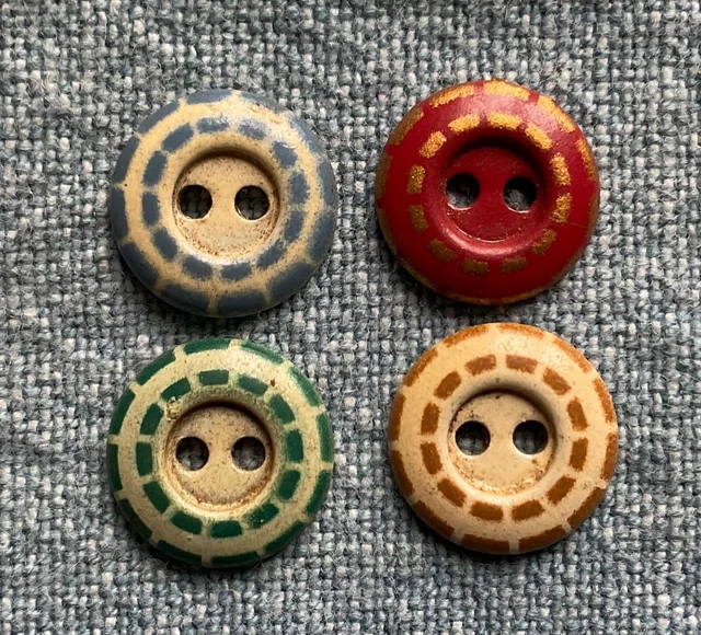 4 Matching Vintage Metal Stencil Buttons - Red Green Tan Blue- Old Lot - 7/16”