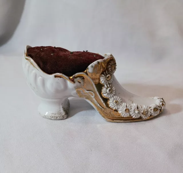 Early Vintage Ornate Porcelain and Gold Lady's Shoe Pin Cushion! Des Moines Iowa