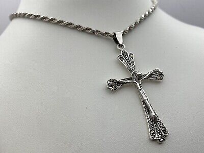 VTG Marcasite 925 Sterling Silver Cross Jesus Pendant Necklace