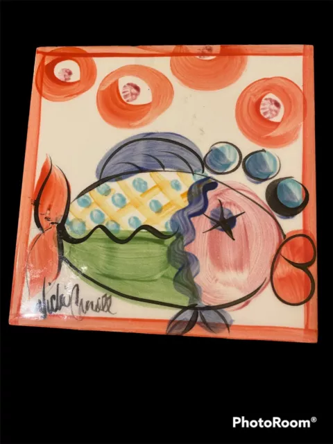 Vicki Carroll Hand Painted SIGNED Ceramic FISH Tile Trivet Beautiful Colors B