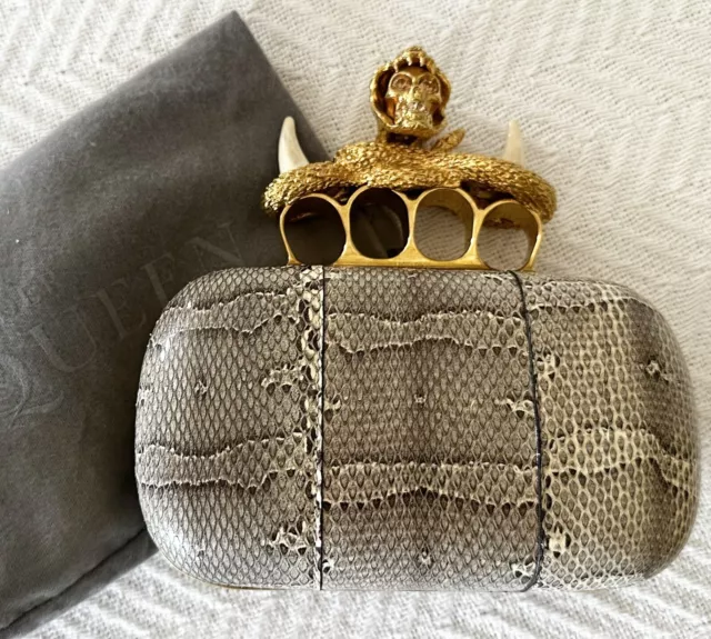 Rare Alexander McQueen Skull Knuckle Box Clutch Snakeskin With Gold & Horns