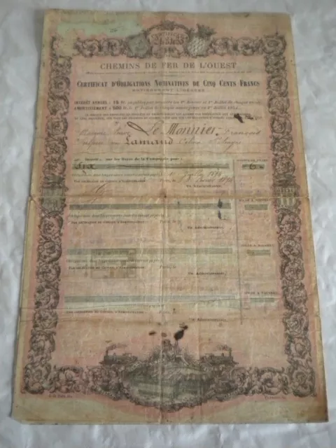 Vintage share certificate Stock Bond action chemins de fer de l'ouest 1894