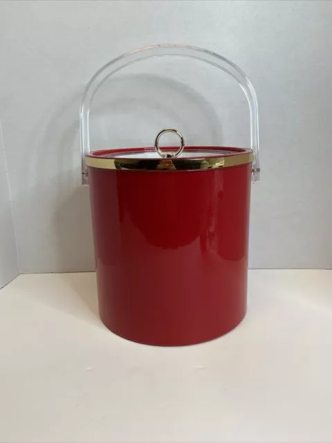 Ice Bucket Red 3 1/2 Quart Custom Deco  VGC Made In The US A Trimmed In Gold
