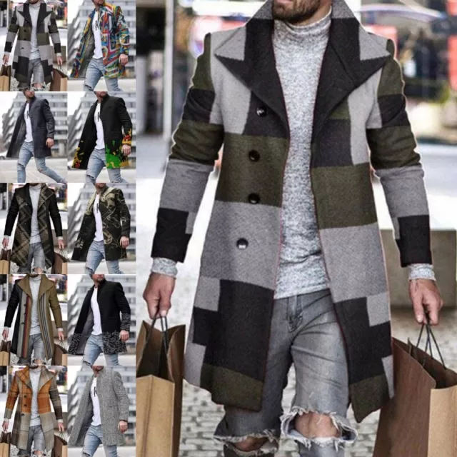 Mens Jacket Plaid Outwear Slim Fit Long Sleeve Men Trench Coat Holiday Casual