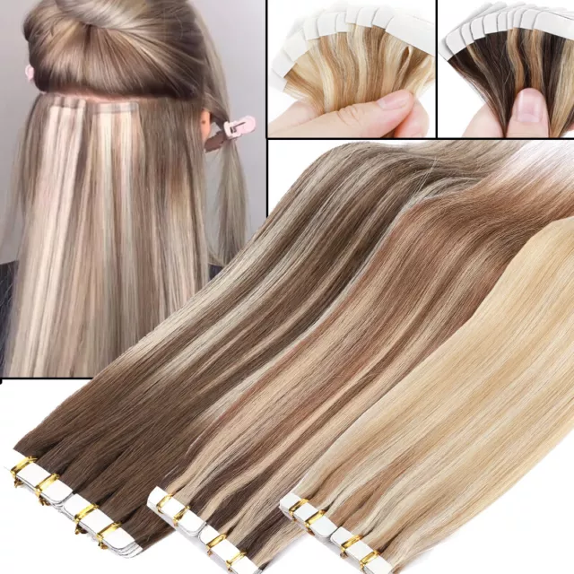 40 Tressen Tape In Remy Echthaar Extensions Haarverlängerung 100g Balayage Dick 2