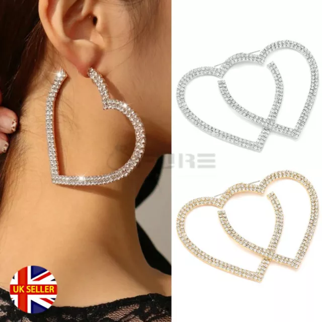 Love Heart Shaped Cubic Zirconia Pave Large Hoop Earrings Women Jewelry 8CM Wide