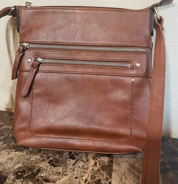 INC Crossbody Faux Leather Purse Bag Brandy Brown Pockets Adjustable Straps