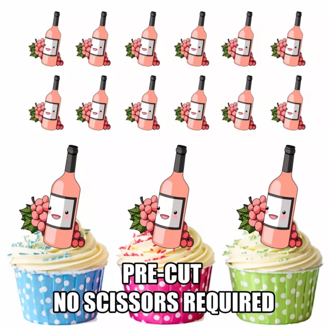 PRECUT Rose Wine Bottle Edible Cupcake Toppers Decorations Adult Party Birthday