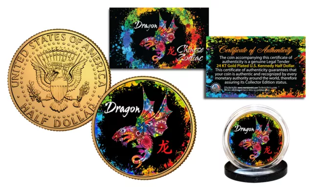 Chinese Zodiac PolyChrome Genuine JFK Half Dollar 24K Gold Plated Coin - DRAGON