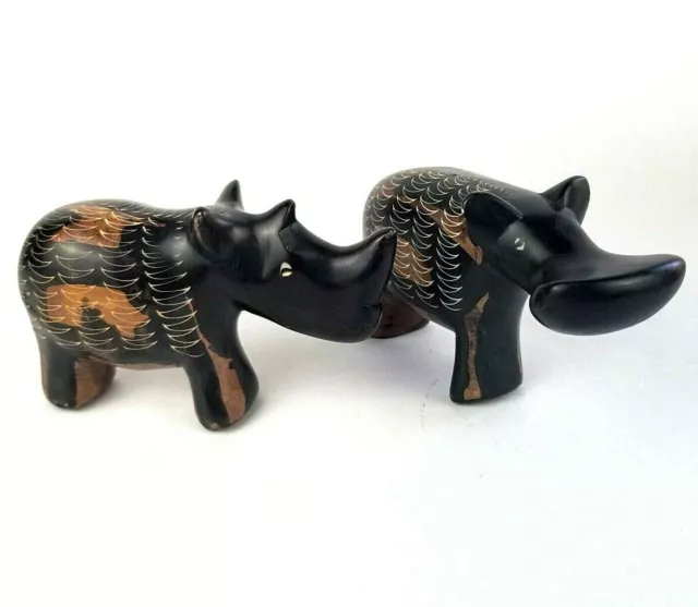 Hand Carved Stone Hippo and Rhinoceros Rhino Figurine Pair