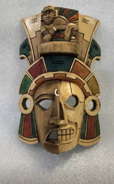 Mexican Art Mayan Aztec Mask Hand Carved Wood Decor Wall Mount