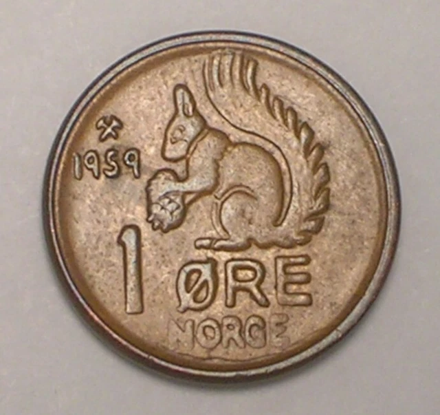 1959 Norway Norwegian One 1 Ore Squirrel Coin VF+