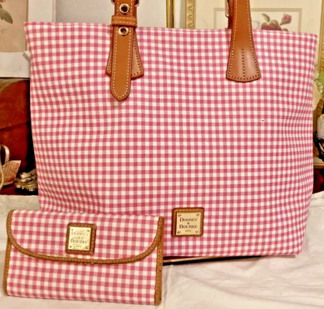 Dooney Bourke Pink Gingham Matching Bundle Set! Tote Bag + Continental Wallet