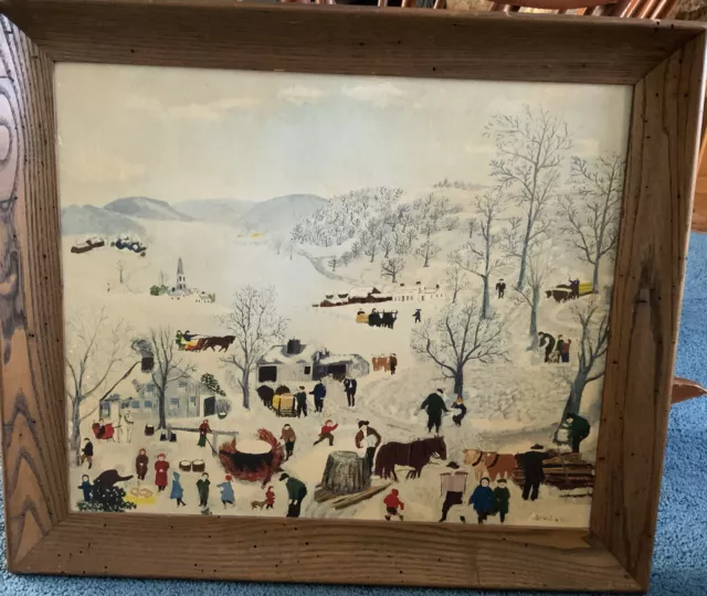 Old Vintage SUGARING OFF Framed Print  Grandma Moses 25” X 22” Estate Sale Find