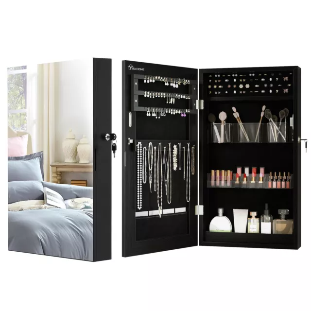 Mirror Jewelry Cabinet Jewelry Armoire Wall Mounted Storage Organizer w/Lockable