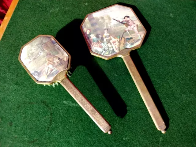 Vintage Dressing Table Mirror & Brush - Prints & Gilt Metal Frames & Handles