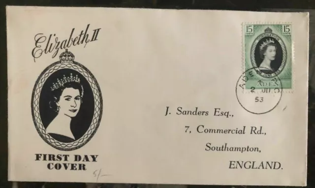 1953 Aden Coronation first day cover FDC Queen Elizabeth II QE2 To England