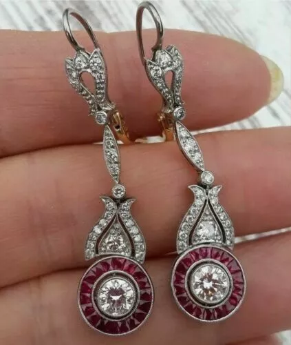 2Ct Imitación Diamante Vintage Art Déco Pendientes / 14K Bañado en Oro Blanco