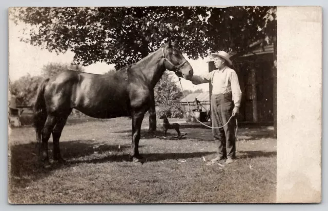 RPPC Man Beautiful Horse  Miniature Rocking Horse Water Well Pump Postcard G21