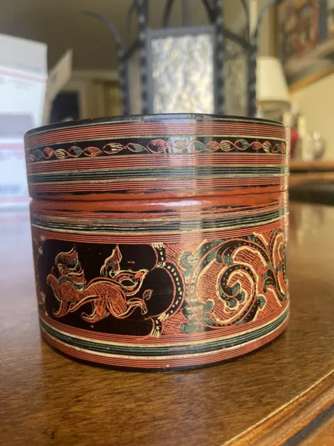 Vintage Betel Asian Burmese Myanmar Tea Nut Box Burma Lacquer Monk Bowl 4 3/4"D 2