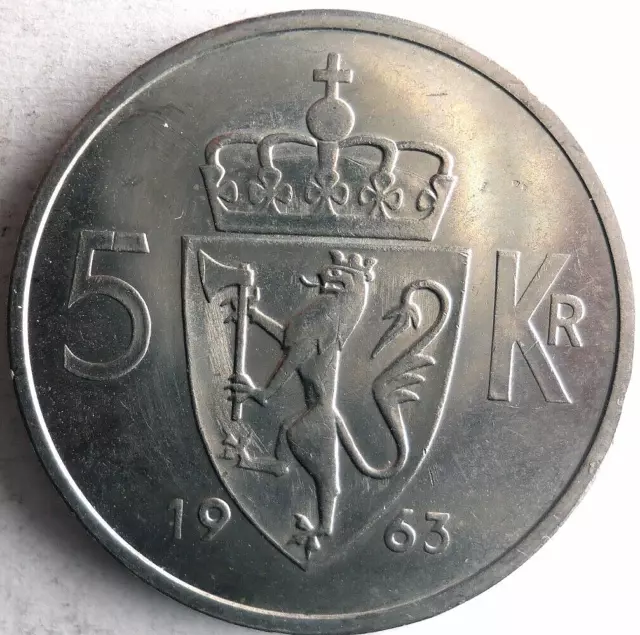 1963 NORWAY 5 KRONER - Excellent Key Date Coin - FREE SHIP - Bin #408
