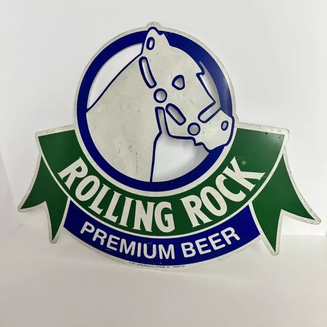 Vtg Rolling Rock Premium Beer Metal Sign 15.5 x 20 Horse Head Blue Green 1991