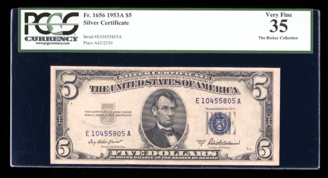 DBR 1953-A $5 Silver Fr. 1656 EA Block PCGS 35 Serial E10455805A