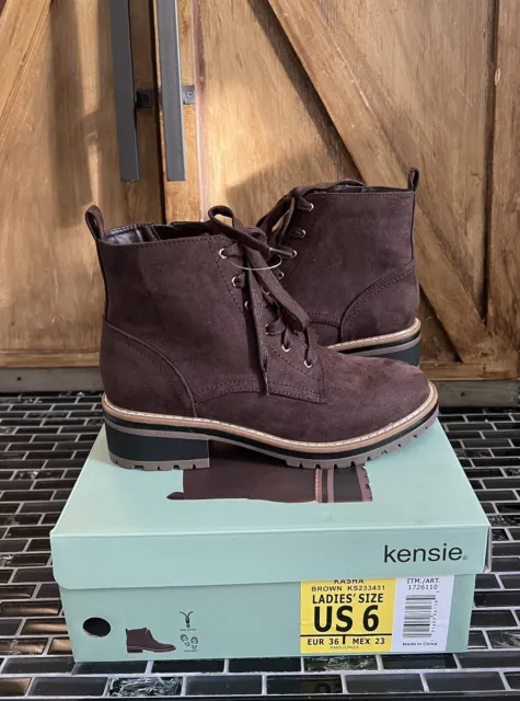NEW!! Kensie Women's Kasha Brown Padded Footbed Lace Up Boots Size 6