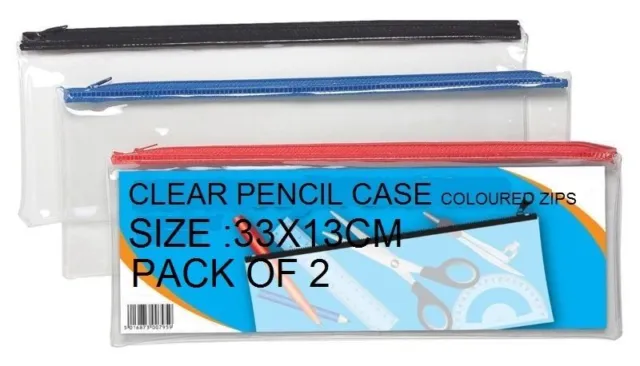 2x Clear Exam Pencil Case - Coloured Zips long 33x13cm (Office/Back to School)