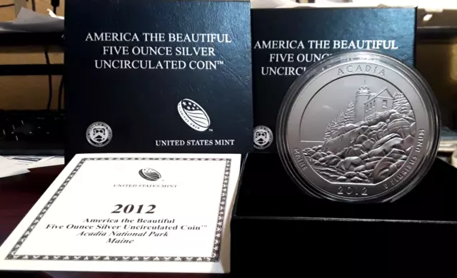 2012 P Acadia 5oz Silver America the Beautiful Uncirculated Coin w/COA & OGP