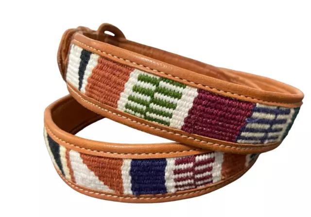 Tan Genuine Artisan leather woven tapestry unisex women mens belt size 34 Medium