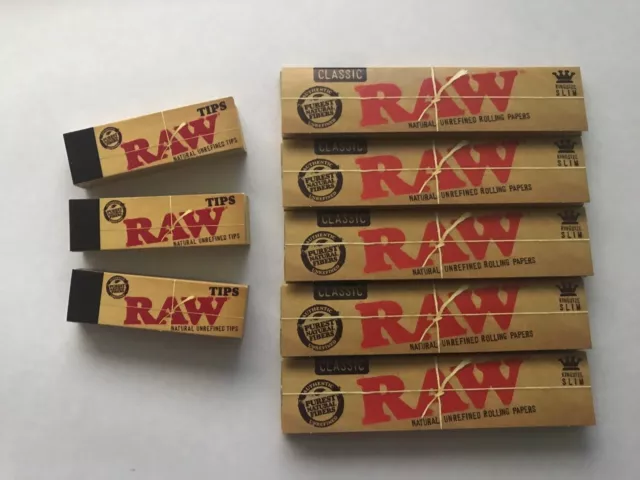 Genuine RAW Rolling Papers King Size Slim Classic Unrefined Skin+ RAW TIPS FREE*