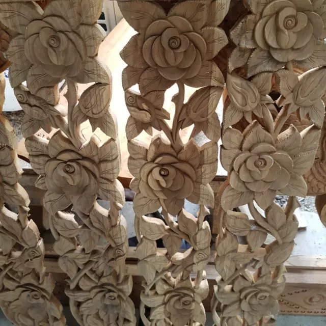 1X Thai Vintage Carved Teak Wood Wall Panel Rose FlowerHome Decor Collectibles