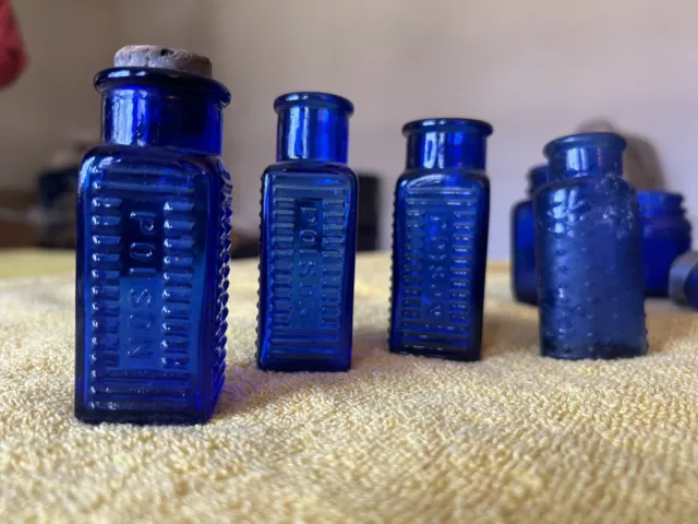 3 Pieces!!!  Beautiful  Cobalt Squared-Coffin Shaped Poison Bottle Antique