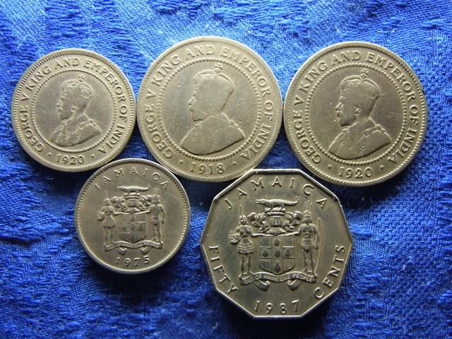 Jamaica 1/2 Penny 1920, 1 Penny 1918, 1920, 10 Cents 1975, 50 Cents 1987