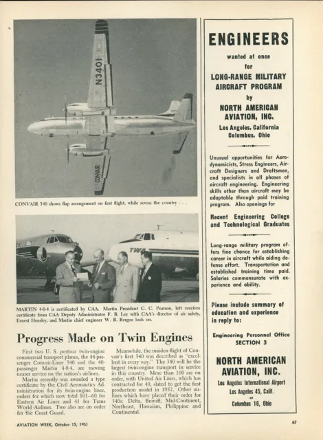 1951 Aviation Article First Twin Engine Transport Martin 4-0-4 Convair Liner 340