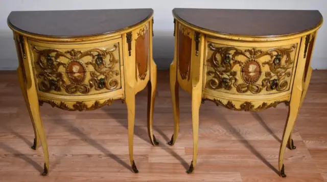 1930s French Walnut hand painted pair of nightstands / bedside tables