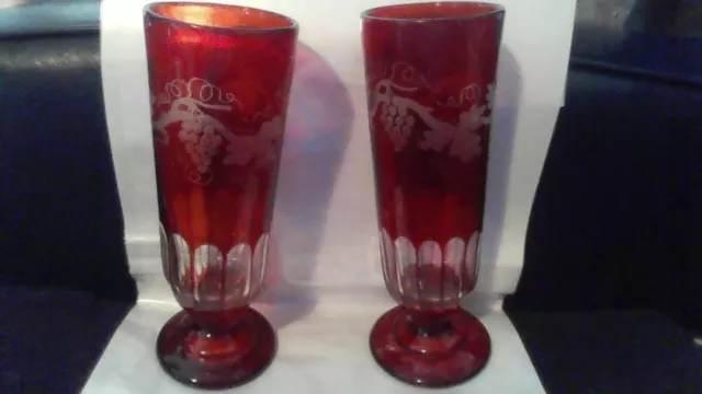 A Pair Of Mid To Late 19Th Century Approx. 9" Tall Bohemian Ruby Red Cut & Engra