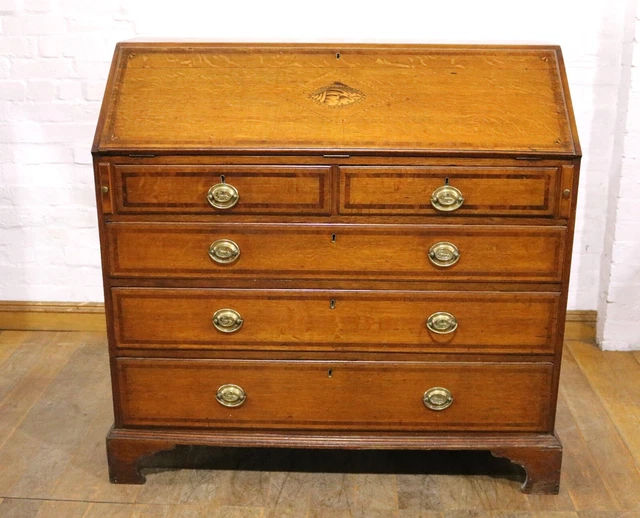LARGE ANTIQUE INLAID Georgian oak writing bureau standing desk