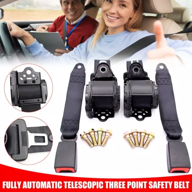 2Set Retractable 3 Point Safety Seat Belt Straps Car Vehicle Adjustable Belt Set