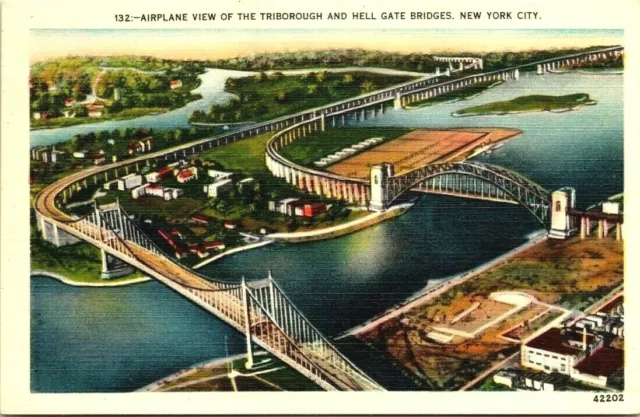 Postcard~Airplane View~Triborough & Hell Gate Bridges, New York.~