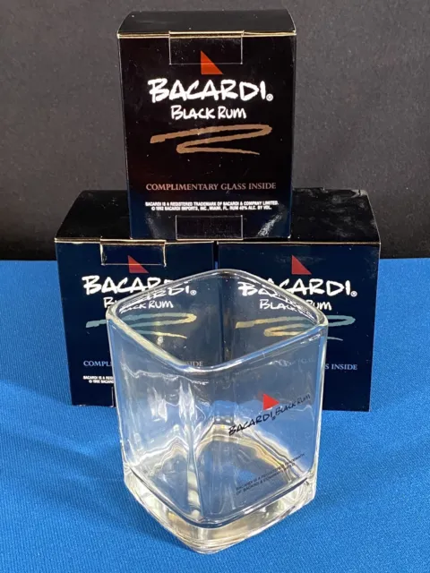 3 Bacardi Black Rum Square Top UNUSED Short Bar Glasses c. 1992