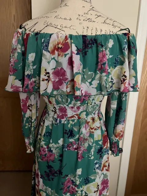 New Charles Henry Floral Off the Shoulder Dress, Women’s Sz S, Green Luau Floral 2